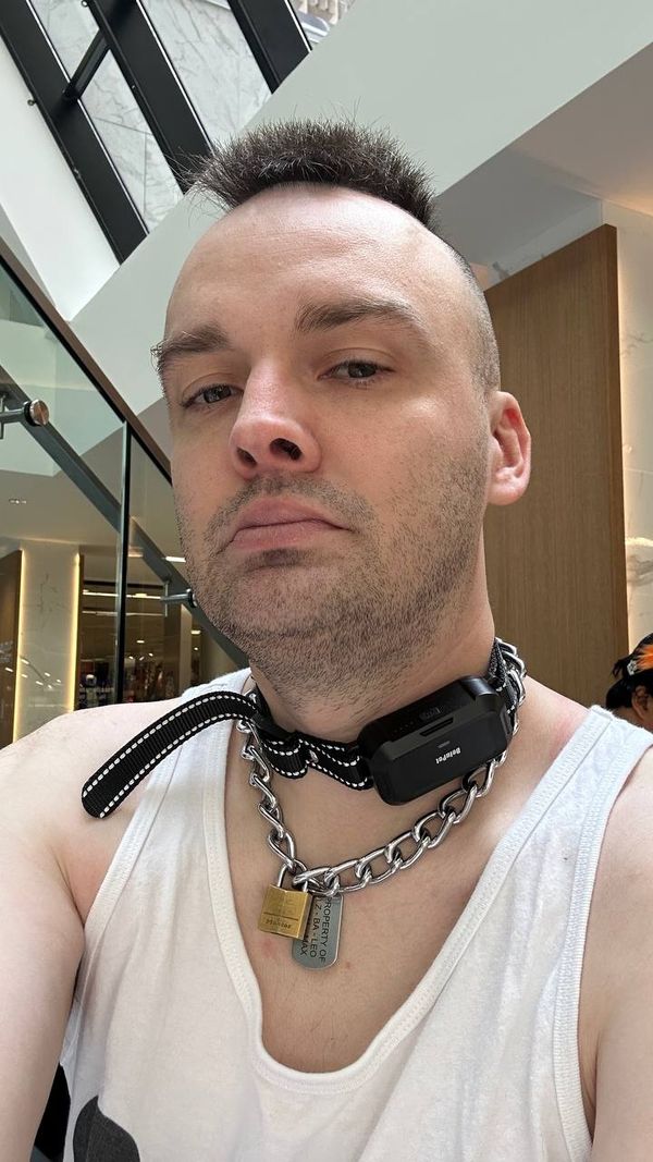 Image of me, wearing a chain collar and a shock collar